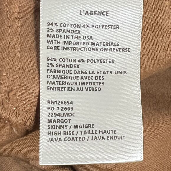 L'Agence Margot Jeans Womens 31 Brown Java Coated High Rise Skinny Pants USA - Picture 6 of 11